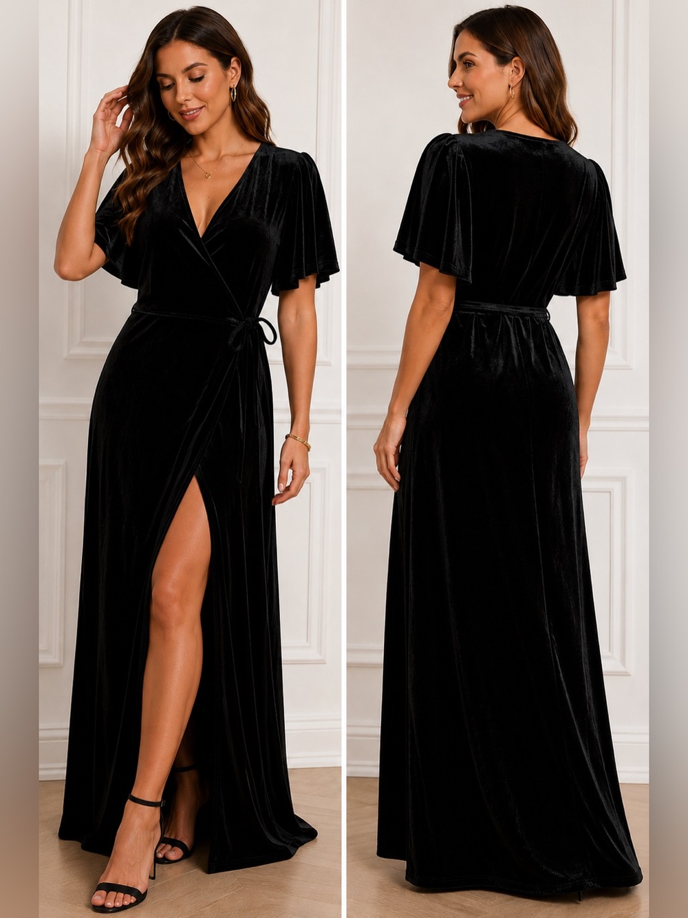 Merokeety Black Velvet Wrap Maxi Dress with Tie Waist Short Sleeve Large